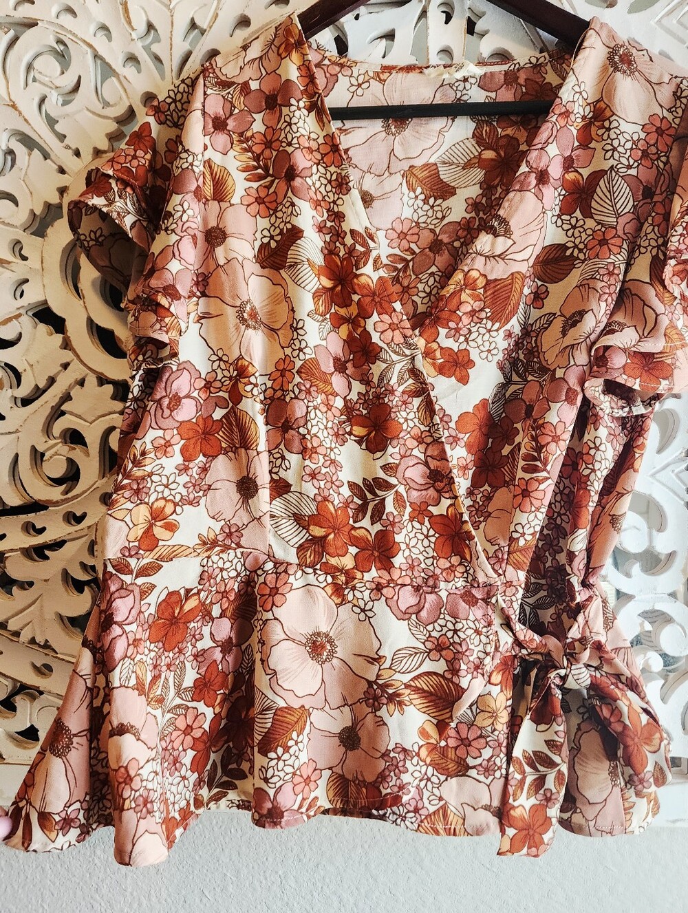 MERAKI FLORAL BLOUSE V NECK PEPLUM FAUX WRAP WOMENS SIZE XL - Picture 11 of 14